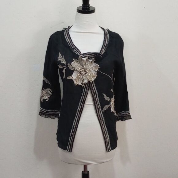 Vintage CoVelo Black Linen Floral Jacket Cardigan - Size 6 - Picture 3 of 11